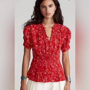 Polo Ralph Lauren Floral Printed Button Front Peplum Short Sleeve Blouse Red 8